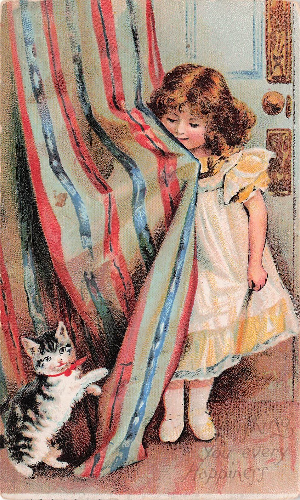Victorian Child Girl Cat Kitten Patriotic Curtain 4th of July Vtg Postcard J11