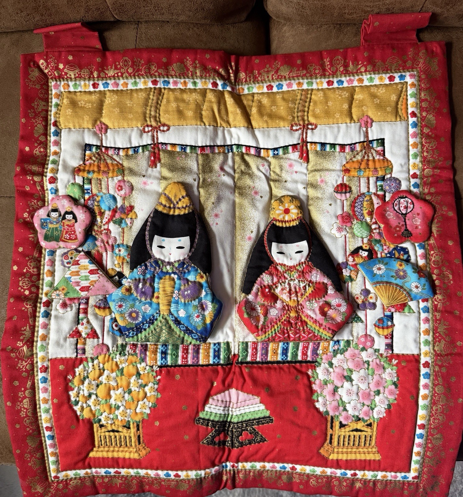 Vintage Japanese Oshie Hina Dolls 3D Padded Textile Wall Hanging 19” Japan