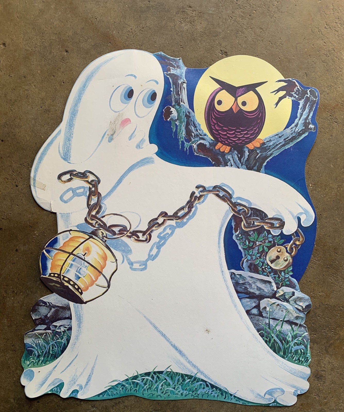 Vintage Halloween Dennison Owl Watches Ghost Lantern on Chain DieCut Decoration