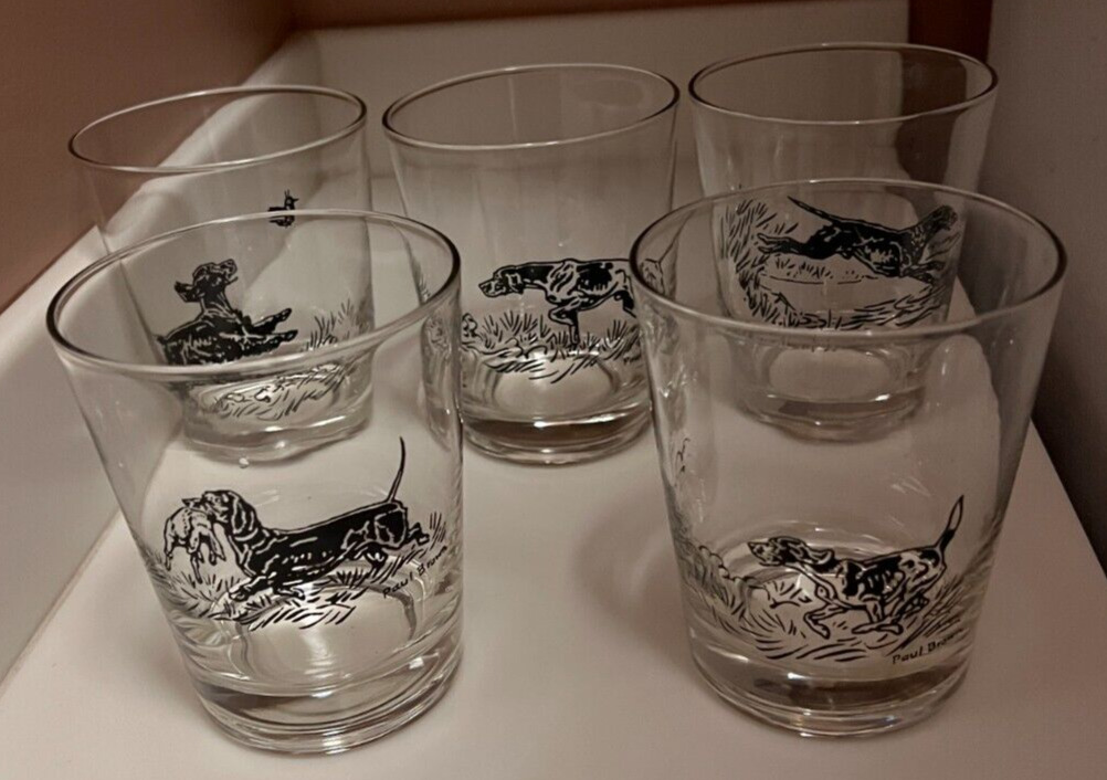 Vtg Paul Brown for Brooks Brothers Set of 5 High Ball Glasses Hunting Dogs 1940s