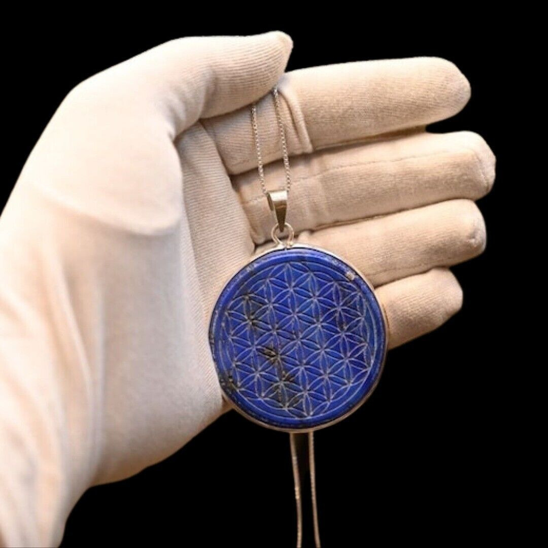 RARE ANCIENT EGYPTIAN ANTIQUE Hexafoil Amulet Made Lapis Lazuli and Chain Silver