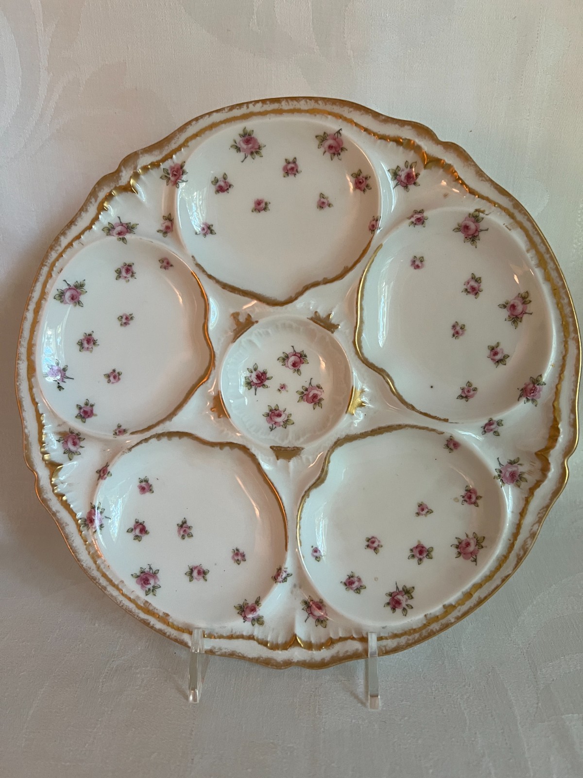Antique Theodore Haviland Limoges 5-Well Oyster Plate- Pink Floral & Gold