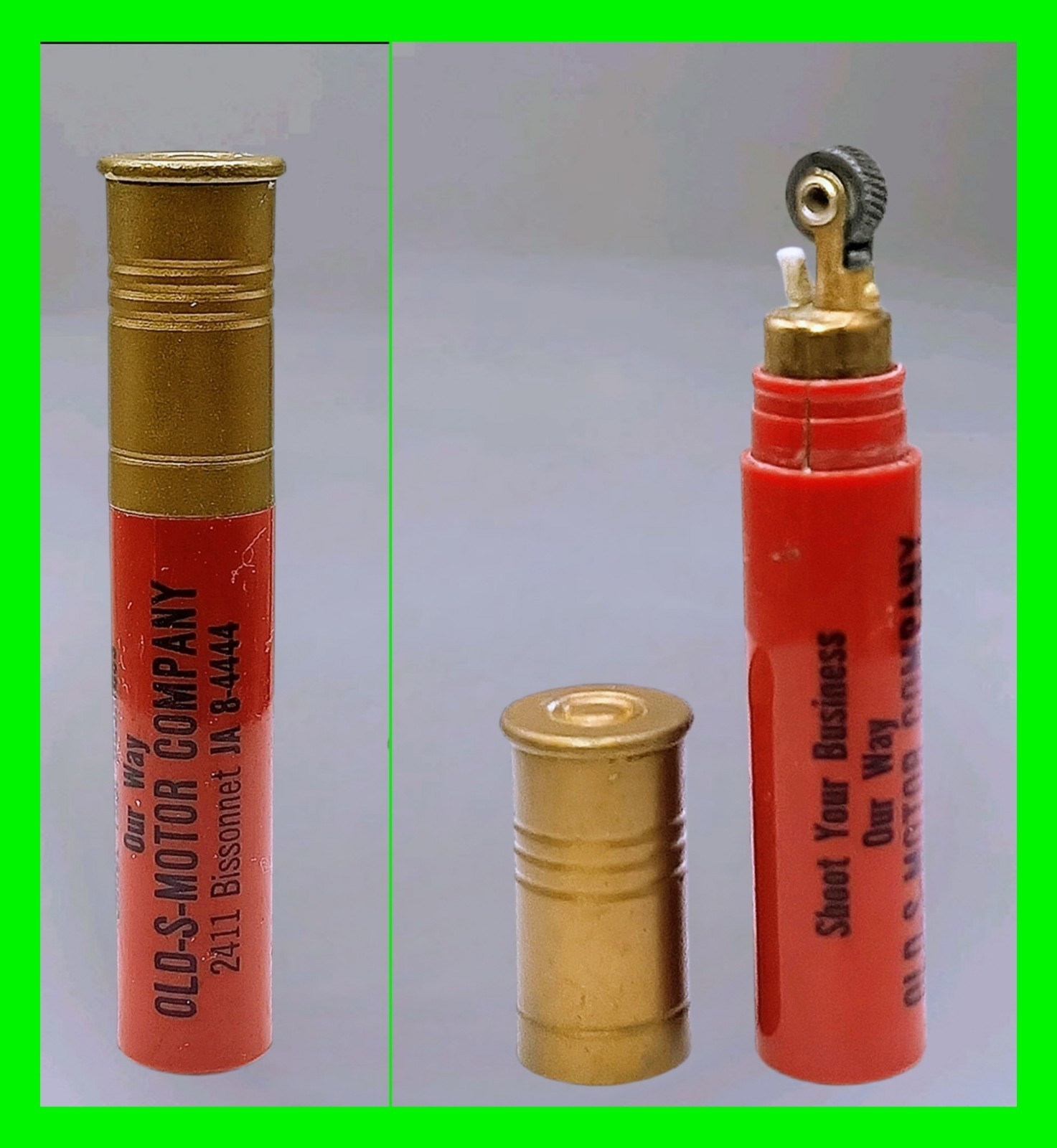 Unique Vintage Advertising .410 Shotgun Shell Lighter - Old-s-Motor Iowa UNFIRED
