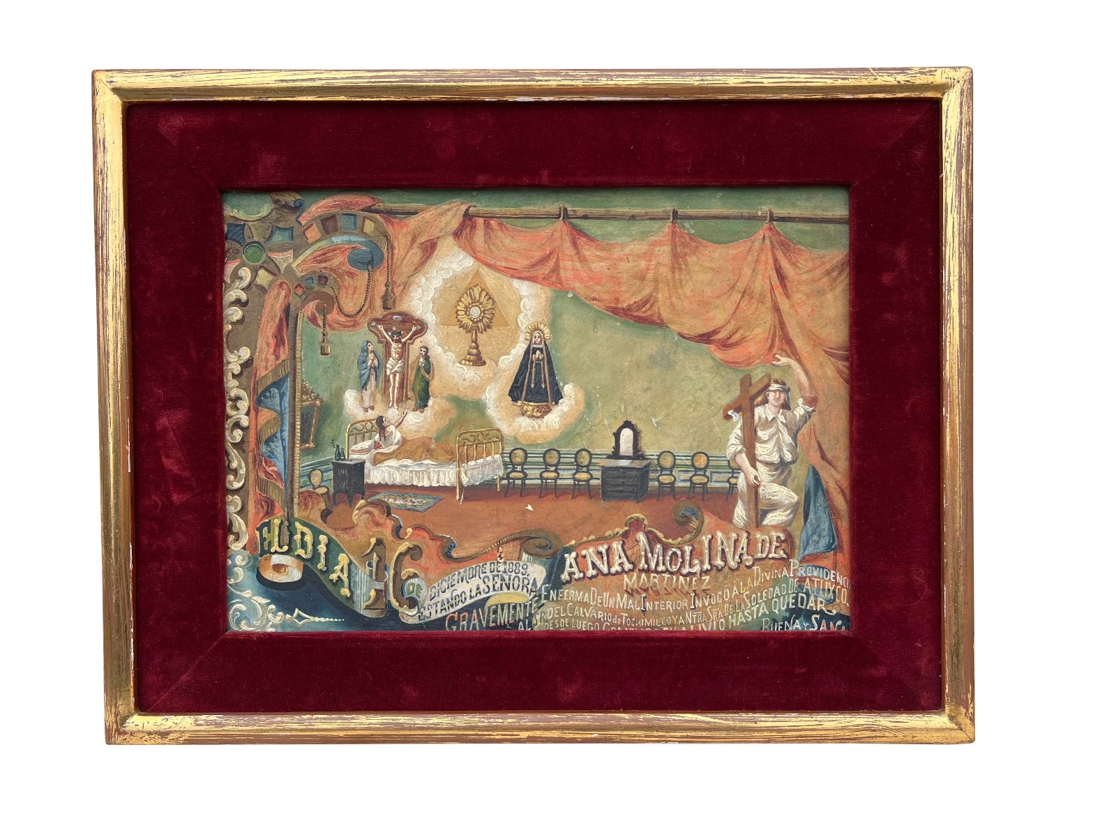 Antique 1889 Mexican Ex Voto Retablo Oil on Metal Religious Folk Art Framed