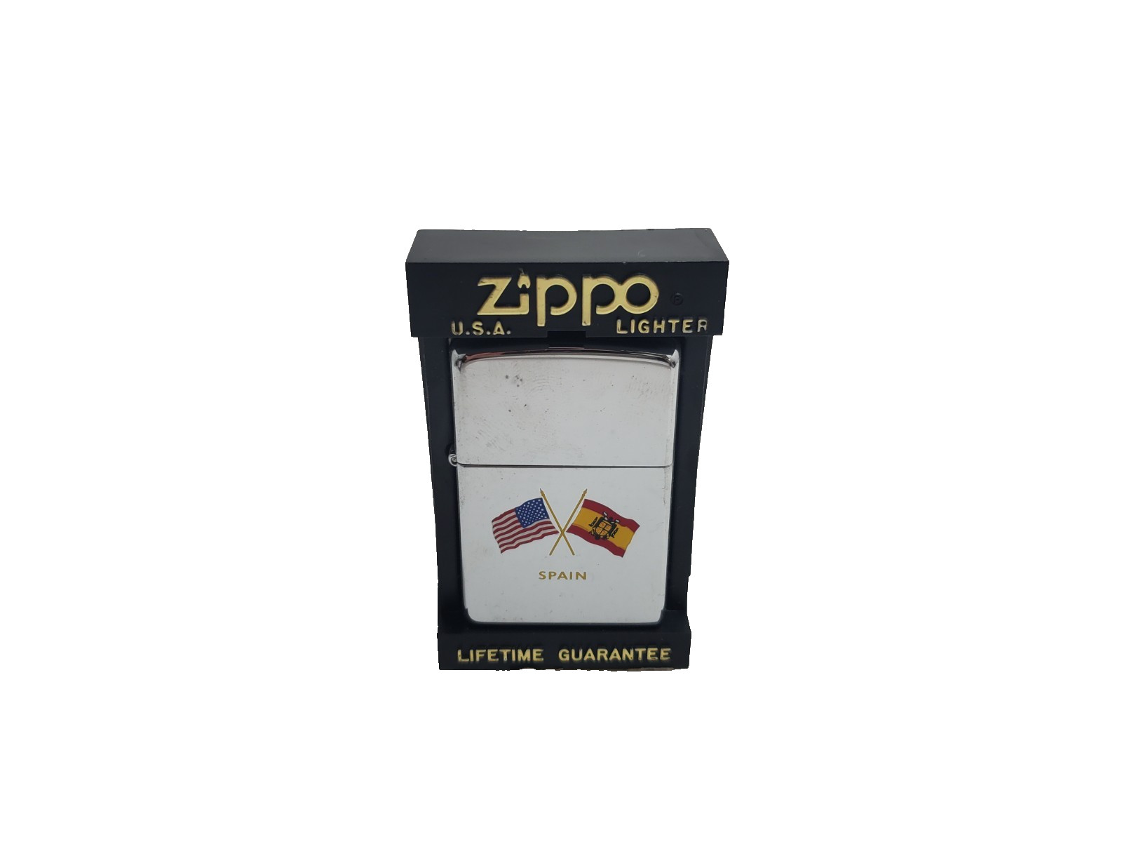 Vintage Zippo Lighter US Spain Crossed Flags Military Unfired In Box Orange Seal