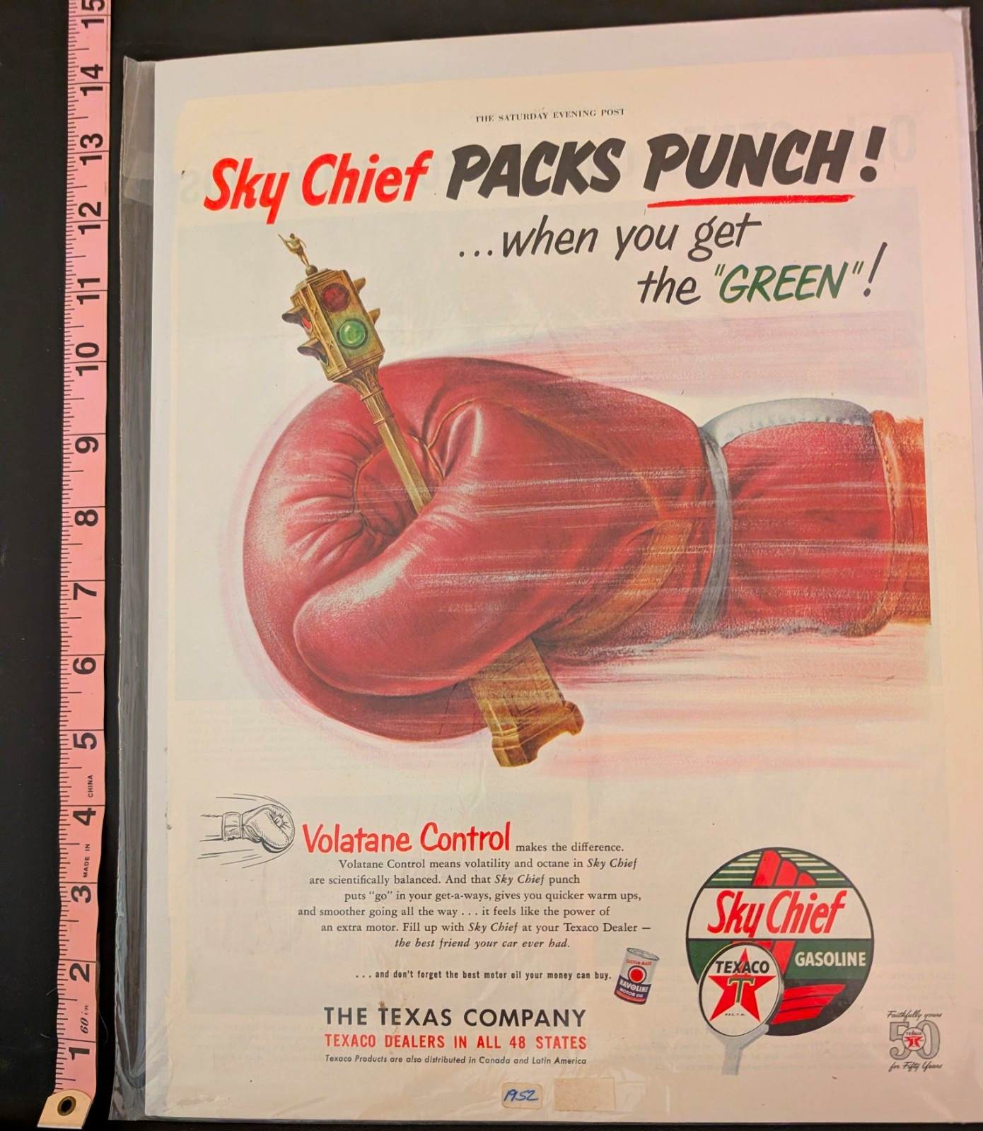 Vintage Ad - 1952 Texaco Sky Chief Gasoline “Sky Chief Packs Punch” Gas & Oil