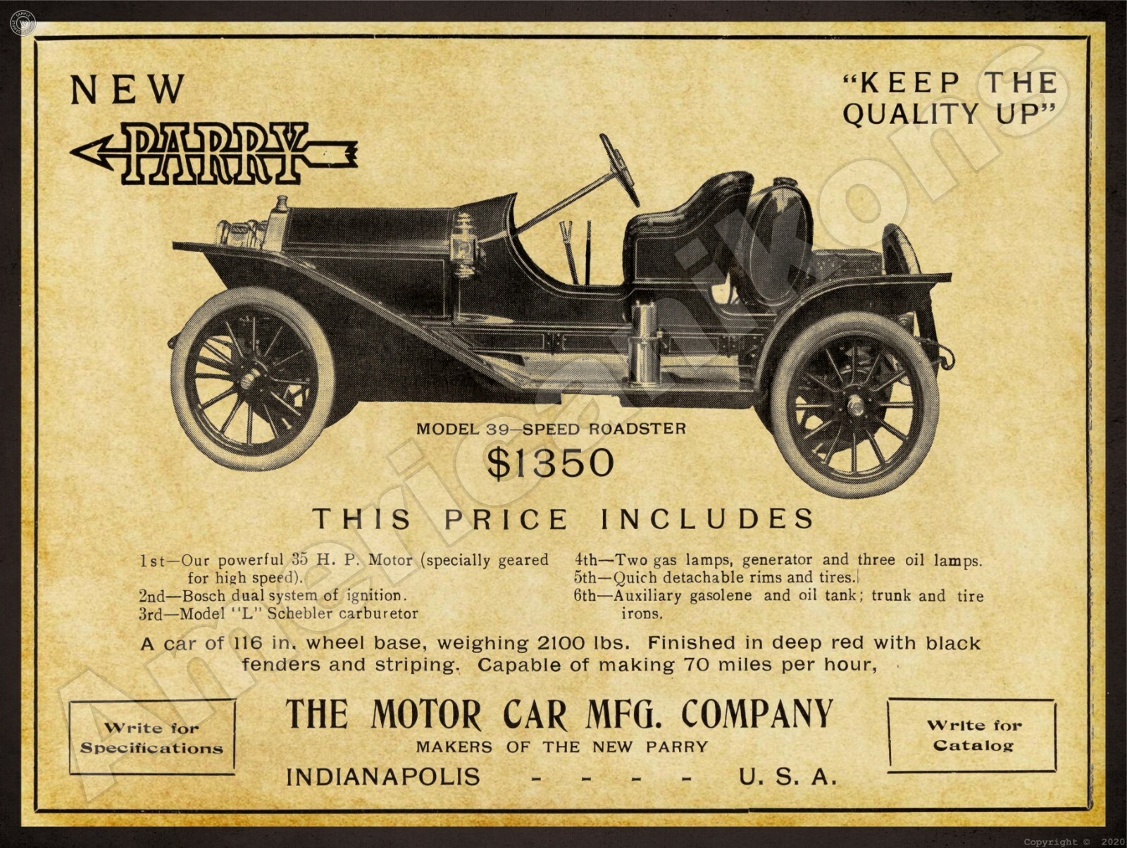 1911 Parry Speed Roadster Auto NEW Metal Sign 24