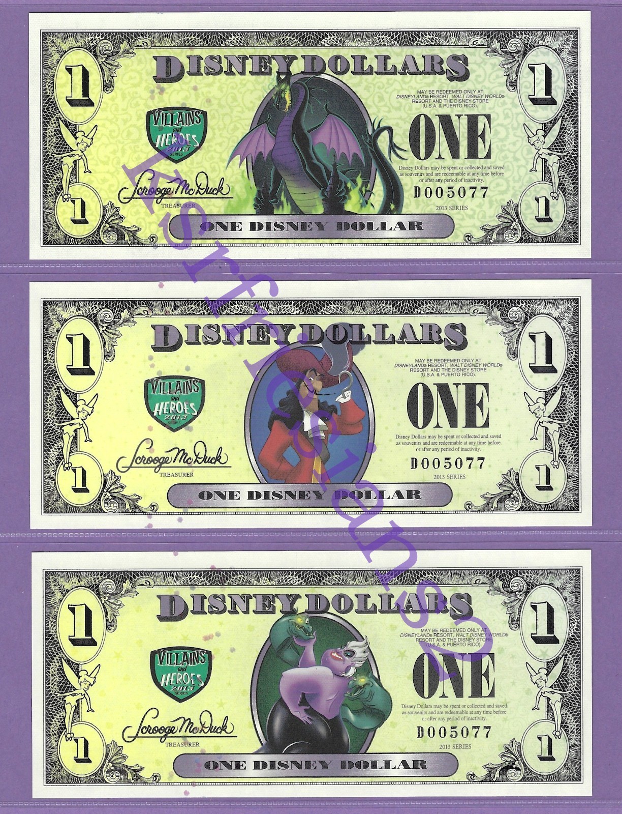 2013 D $1 WALT DISNEY WORLD VILLAIN & HEROES DISNEY DOLLARS 3X MATCH # D005077
