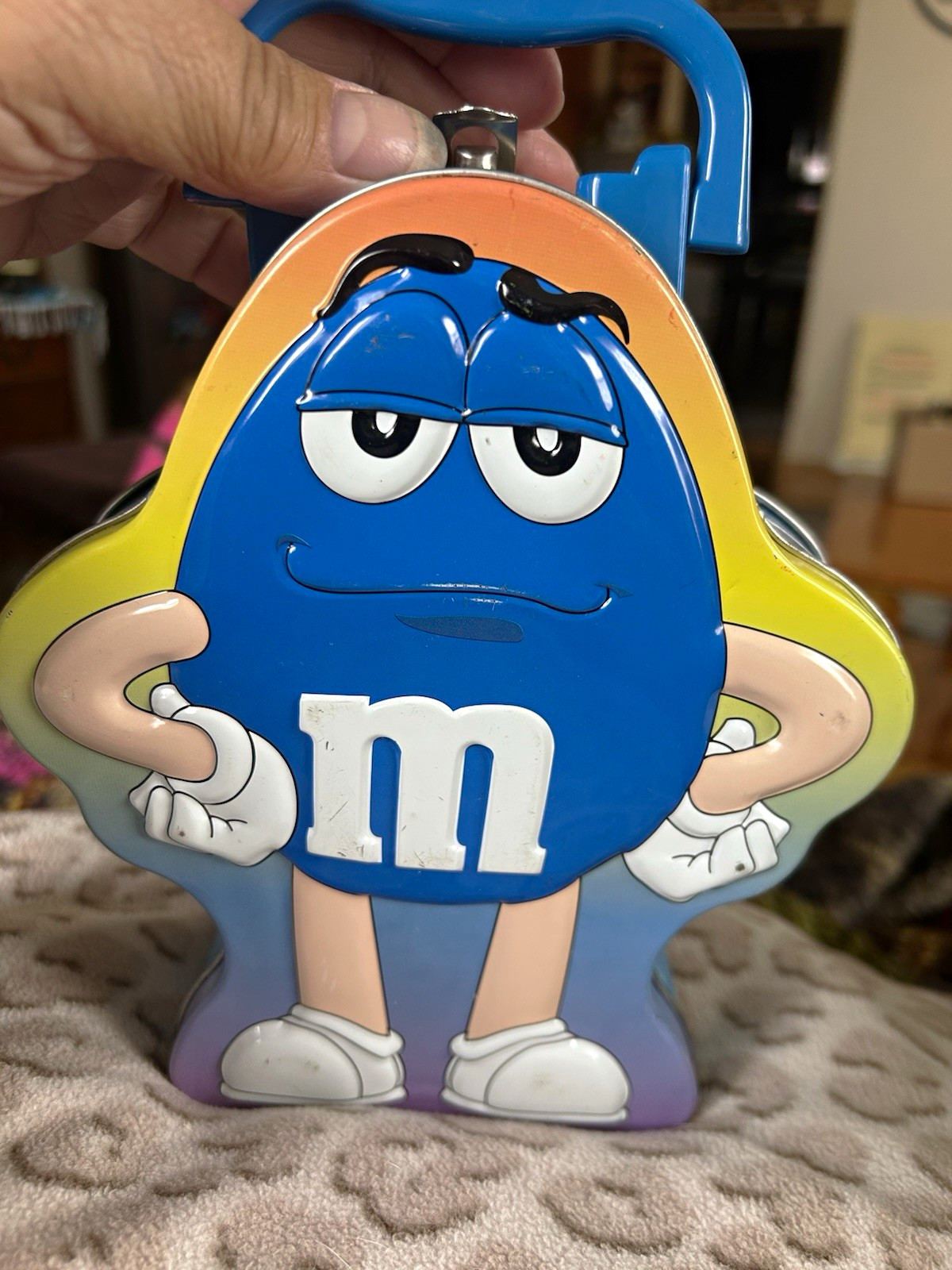 M&M\'s Blue Character Metal Tin Case/Container w/ Handle 2003 Candy Theme
