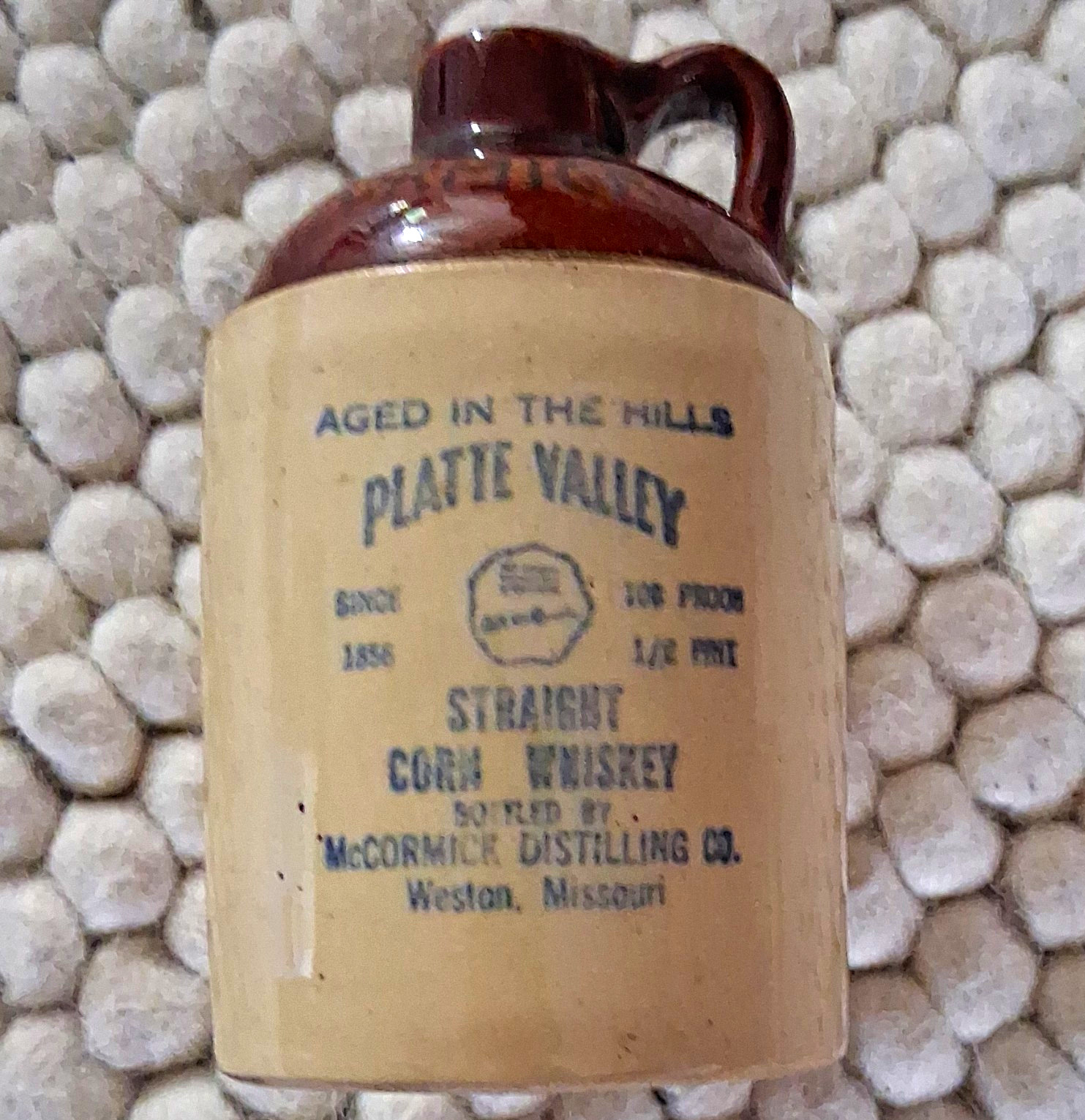 Platte Valley Straight Corn Whiskey Ceramic Jug 1/2 Pint 109 Proof 1953