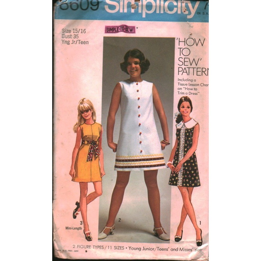 Vintage Simplicity 8609 Sewing Pattern 60s Mod A-Line Dress Size 15/16 Bust 35