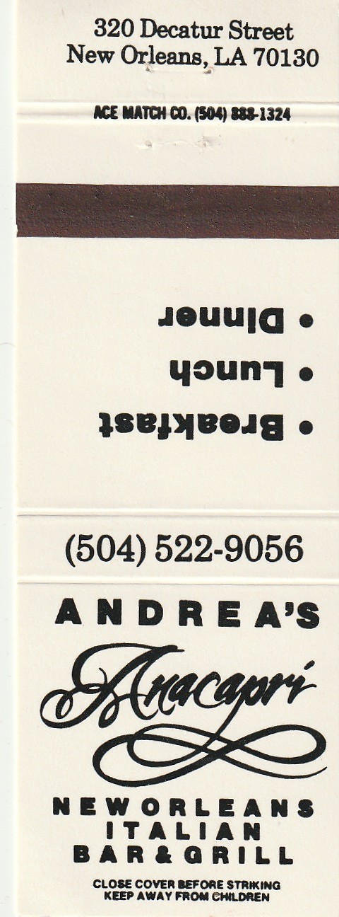 MATCHBOOK COVER - ANDREA\'S ANACAPRI ITALIAN BAR & GRILLE - NEW ORLEANS LOUISIANA MATCHBOOK COVER - ANDREA\'S ANACAPRI ITALIAN BAR & GRILLE - NEW ORLEANS LOUISIANA