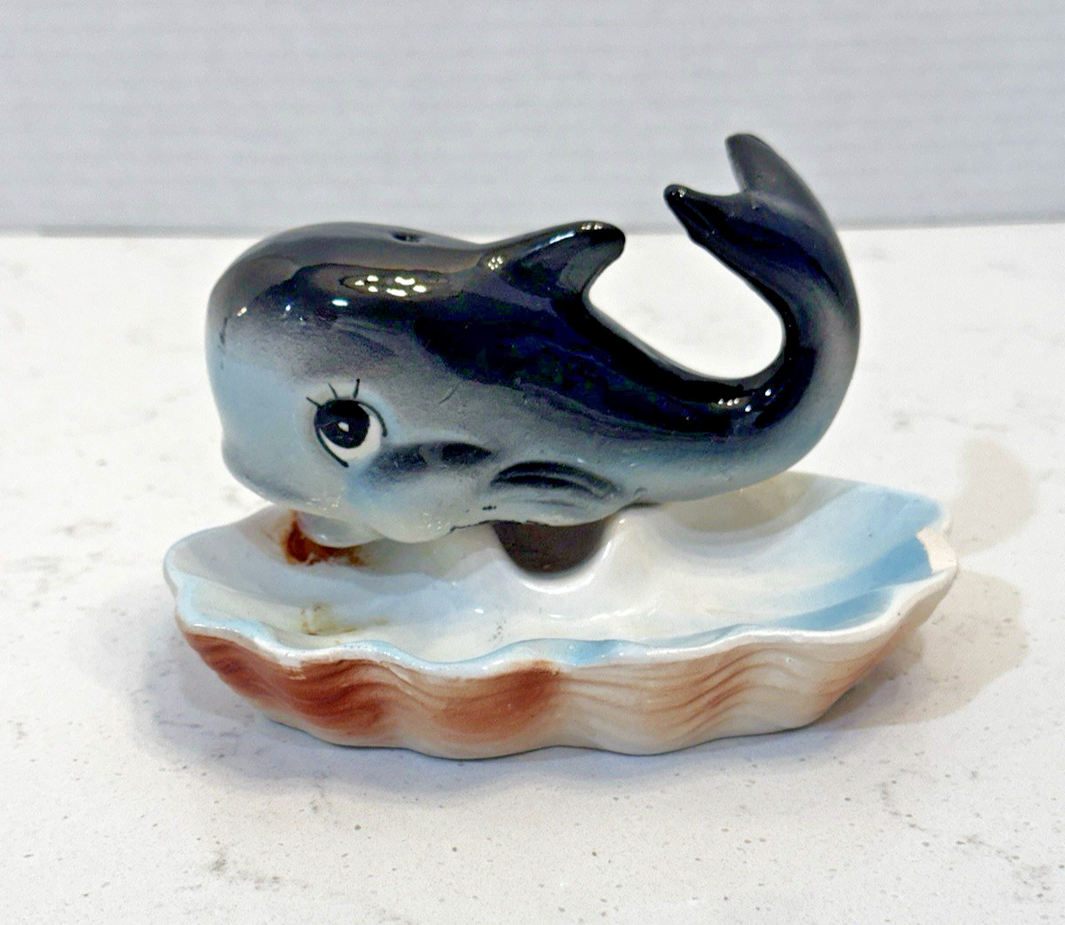 Vintage Kitsch Treasures Japan Ceramic Whale on Seashell Figurine Blue Grey
