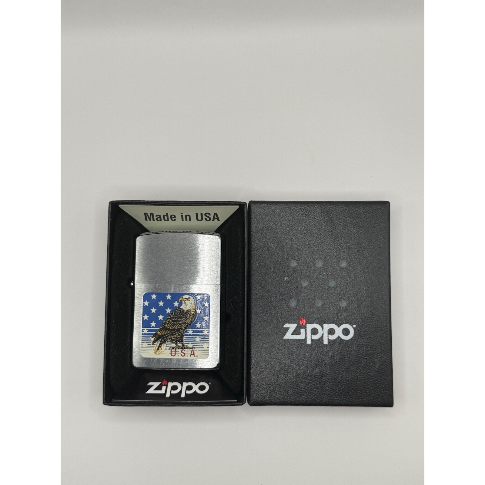 1993 American Eagle and U.S.A. Flag Brushed Chrome Zippo Lighter. Mint In Box