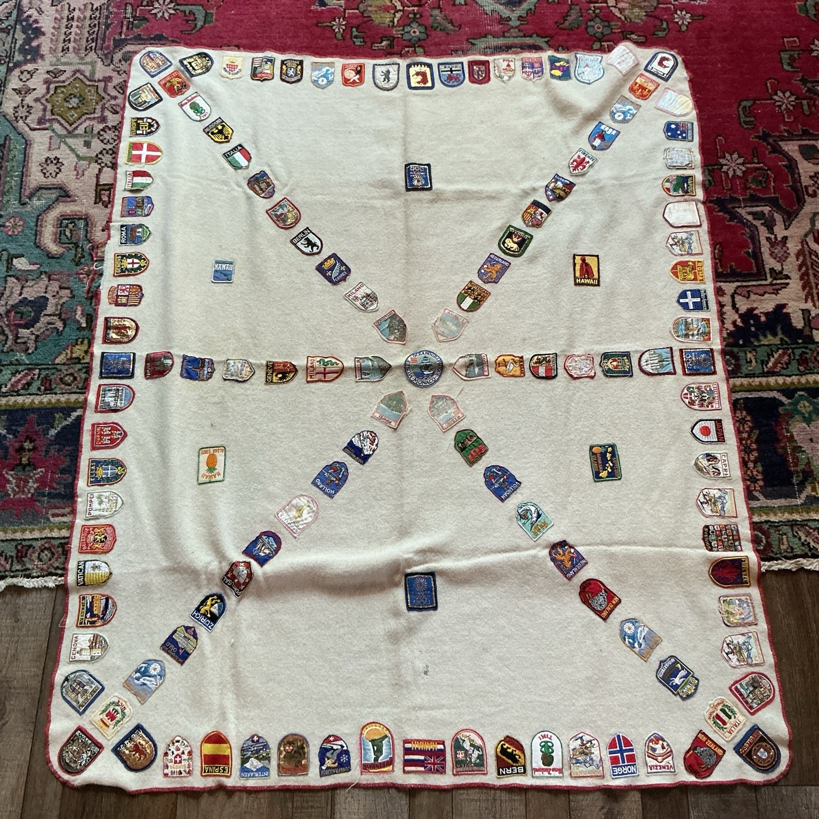 Vintage Continental Airlines Faribault Wool Blanket World Travel Patches 56x48
