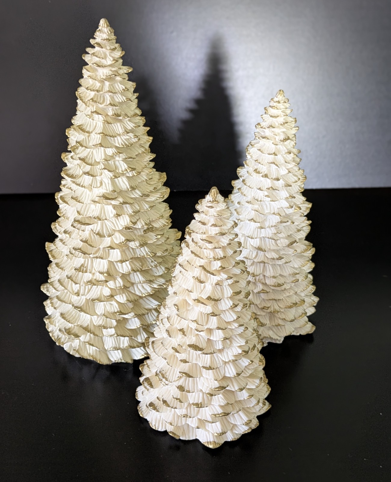 3 Vintage 1995 Otagiri Enesco Christmas Tree White Gold 10\'\'/8\'\'/7\'\'