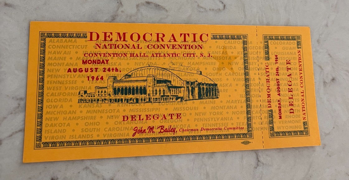 1964 Democratic National Convention Delegate Full Ticket Atlantic City Aug. 24th
