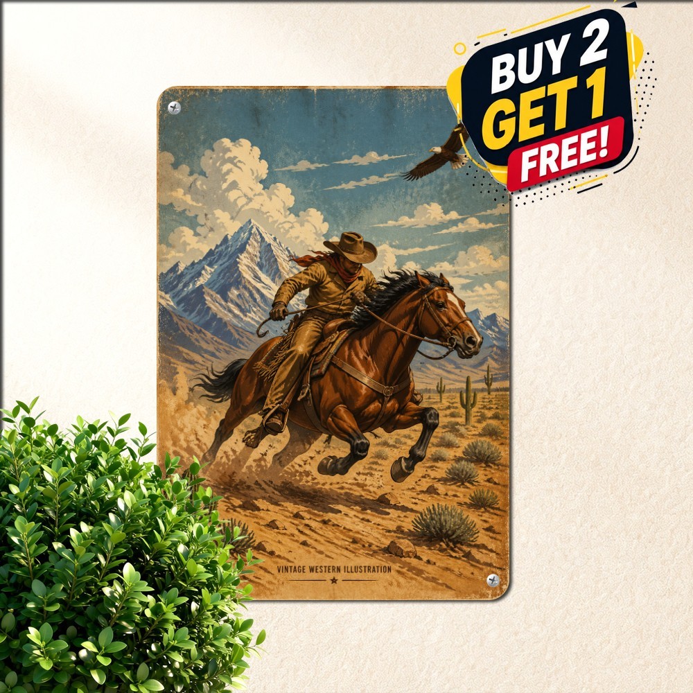 Cowboy Horses Eagle Western Country Art Vintage Metal Plaque 8x12 Tin Sign
