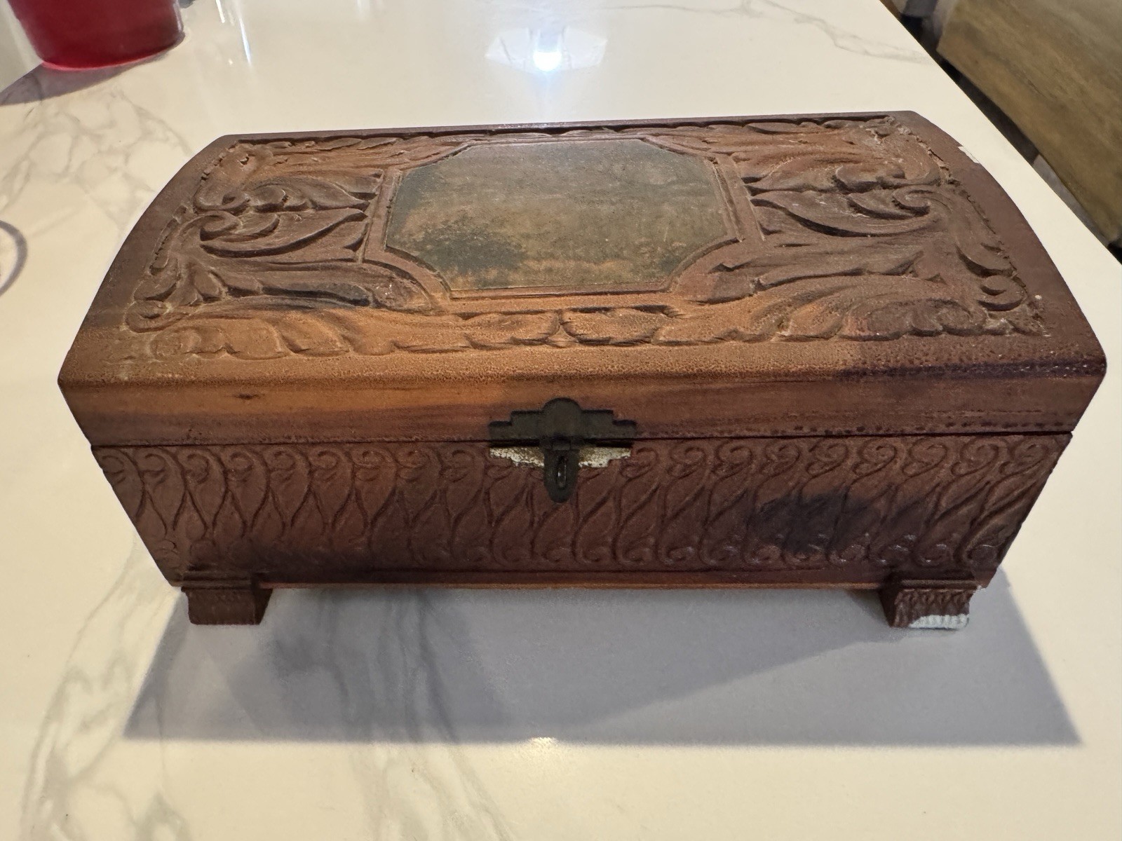 VTG Handmade Carved Tooled Brown Wood Storage Box, Medium Rectangular Hinged Lid