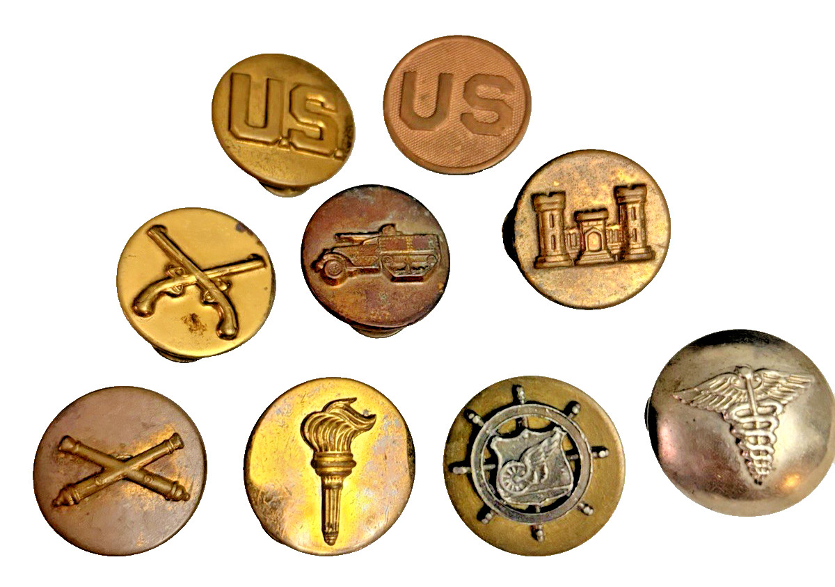 WWII US Army Enlisted Collar Pins - Armor & Tank MP Medical Engineers Lot of 9