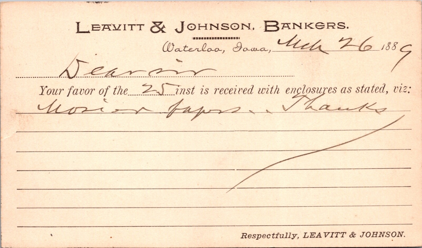 1889 Recept Postcard Leavitt & Johnson Bankers in Waterloo, Iowa