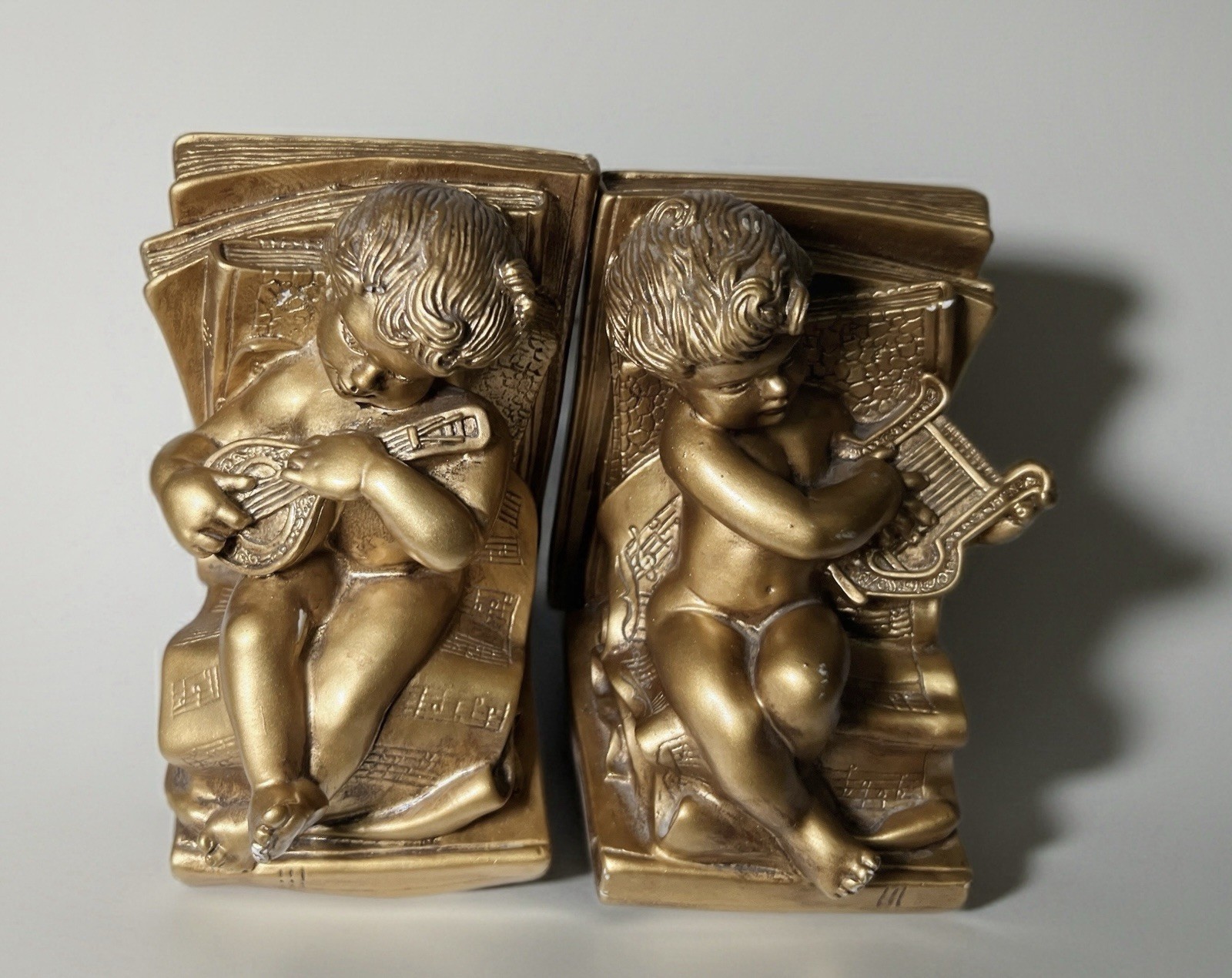 Universal Statuary W. Maratta Cherub Bookends Pair Gold Tone 1965 Signed