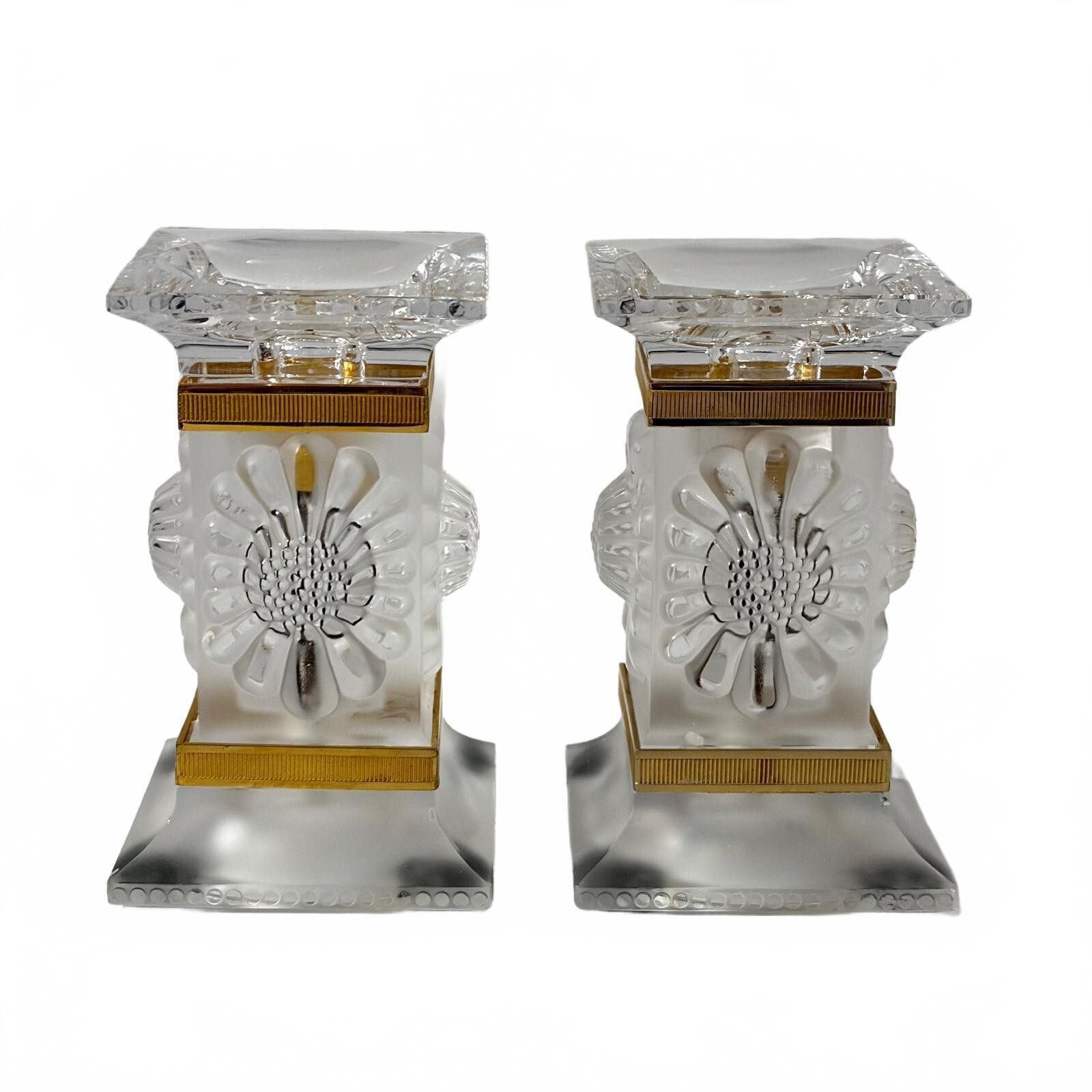 Lalique Crystal Paquerettes Candle Holder Daisy Flower Gilt Candlestick France
