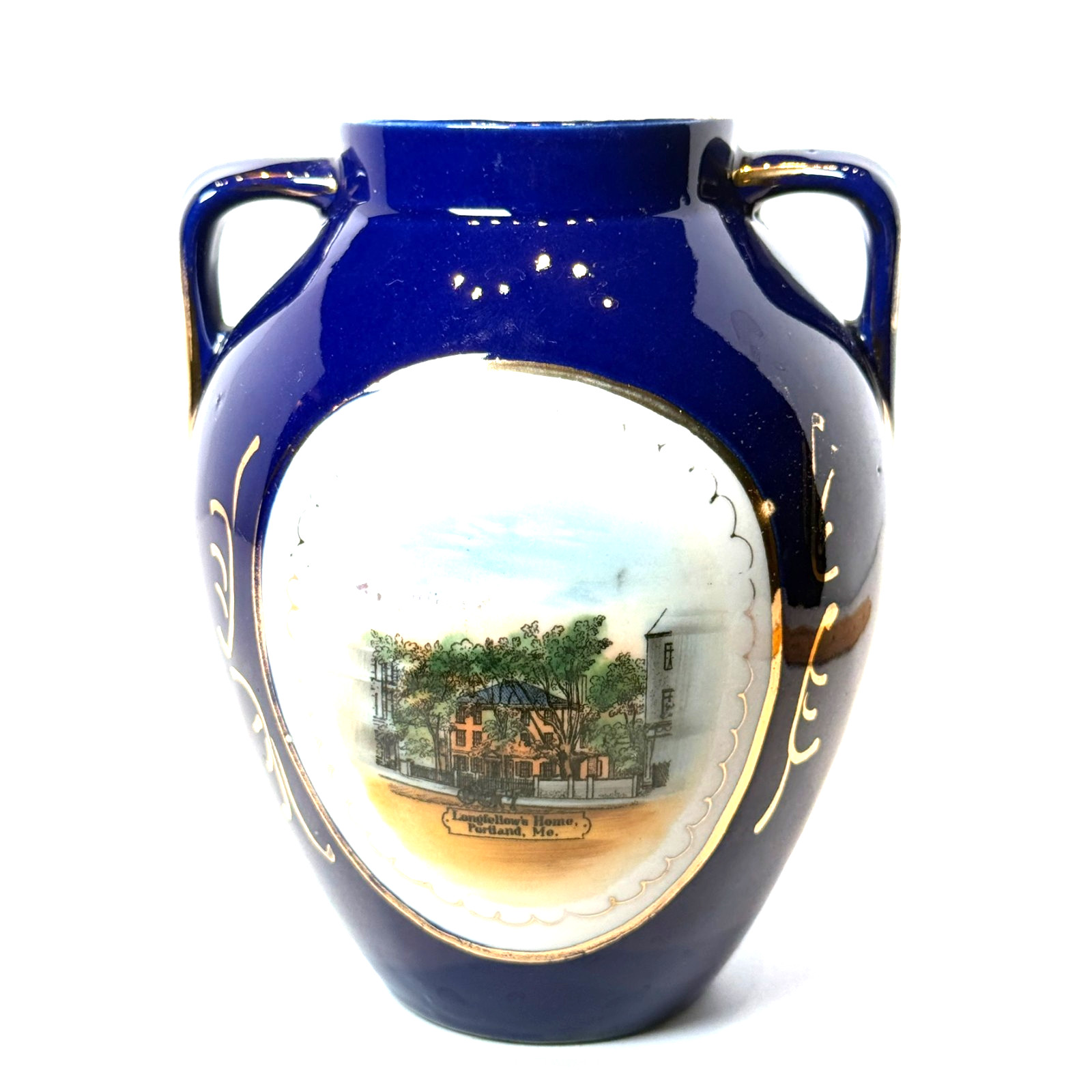PORTLAND -Longfellows -  MAINE ME Antique Souvenir China TRINKET COBALT VASE