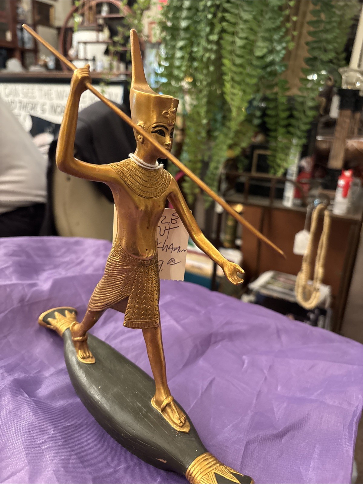 Vintage Bronze Tutankhamen On A Reed Boat Sculpture 9.25” L X 10” T