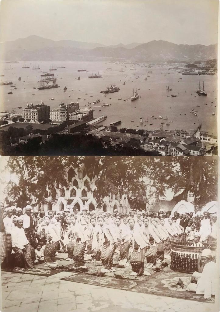 2 TWO LARGE1880/90 ALBUMEN PHOTO CHINA HONG KONG HARBOUR & MALAY MALAYU DANCERS