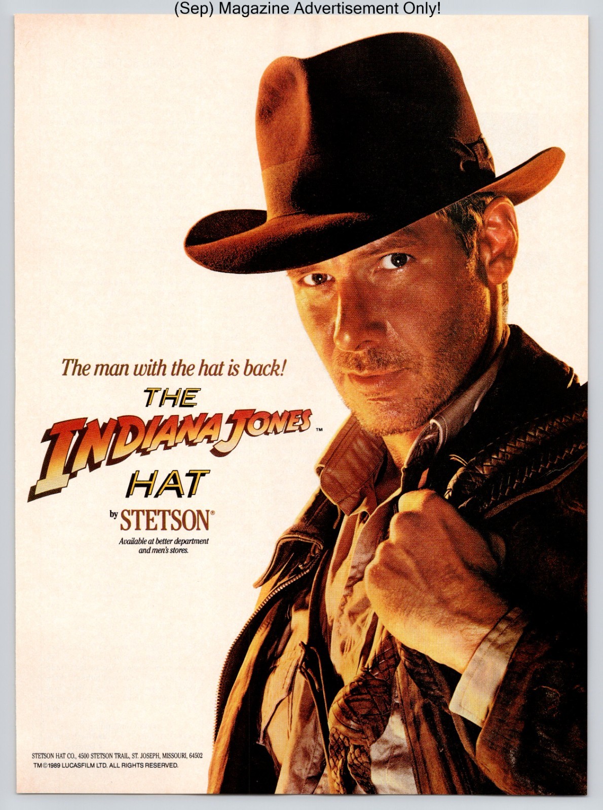 Indiana Jones Stetson Hat Harrison Ford Promo Vintage 1989 Full Page Print Ad