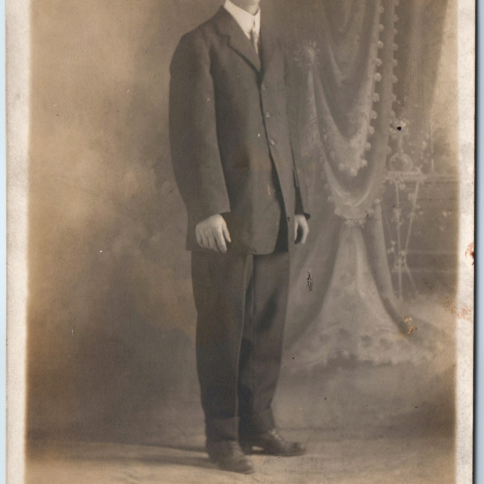 c1910s Young Gentleman Suit Studio Portrait RPPC Photo Postcard Standing Man