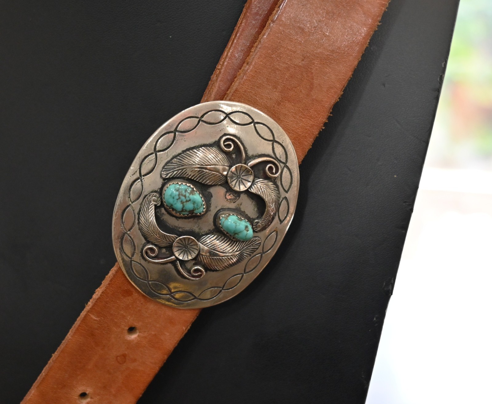 1970s Navajo Joe Yazzie N/S Turquoise Buckle on Tooled VFW Leather Belt Vintage