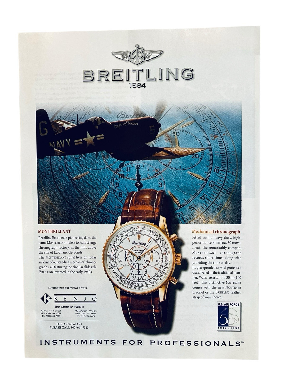 Vtg Breitling Watch Print Ad Navy Fighter Plane Mechanical Chronograph 8x11 inch