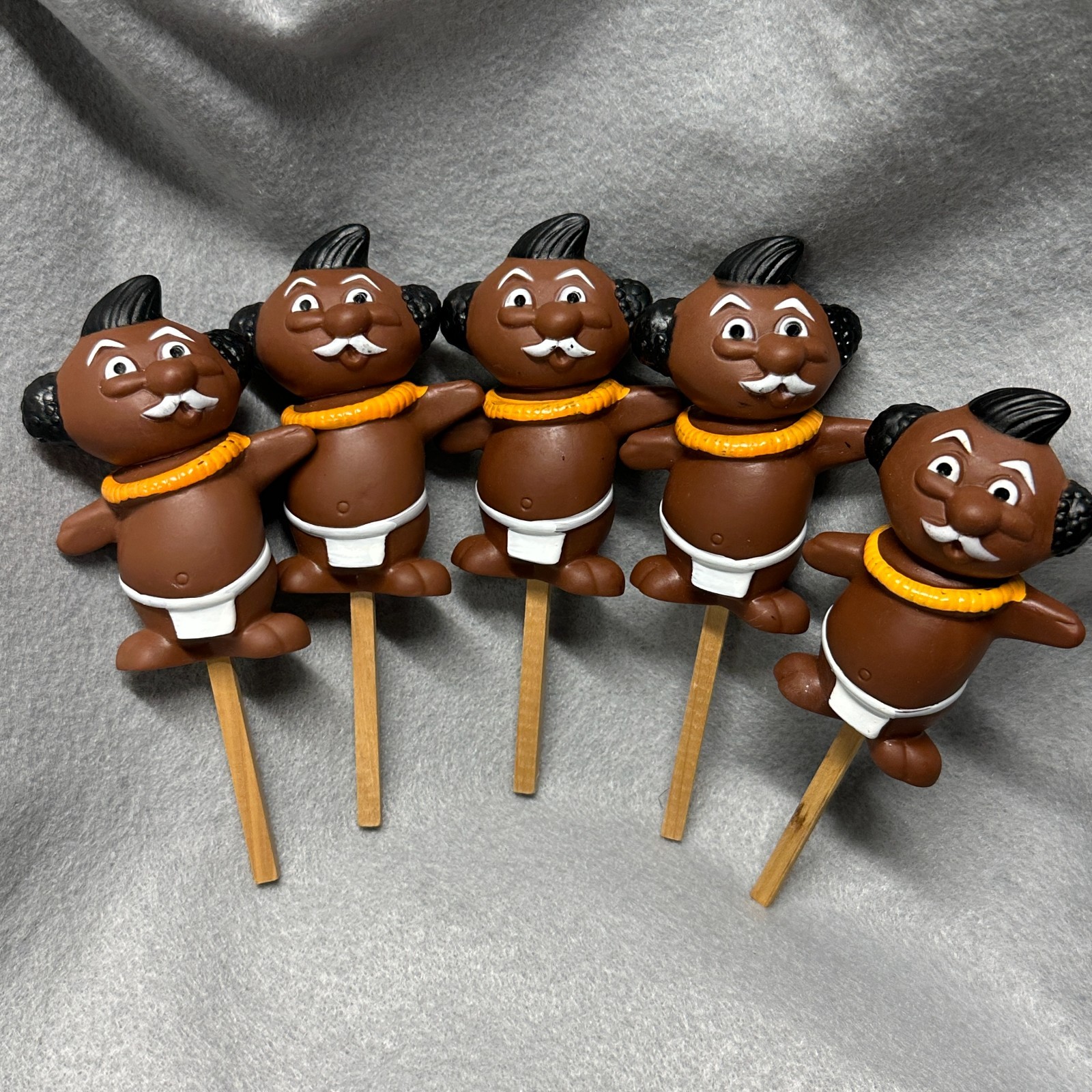 5 Vintage 1970s Trader Vic\'s Hawaii Menehune Swizzle Stick Toppers Figures JAPAN