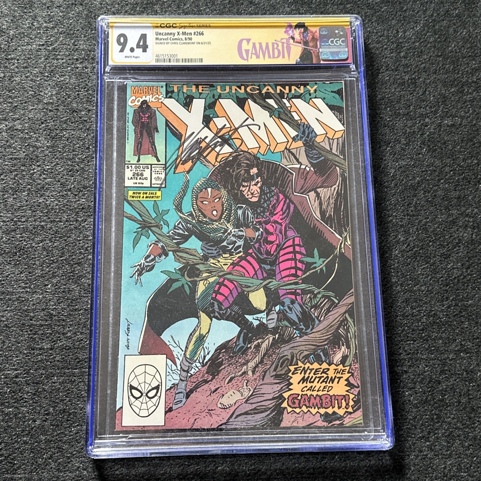 💥 Uncanny X-Men #266 (1990) CGC 9.4 1st Gambit Signed by Claremont,Custom Label