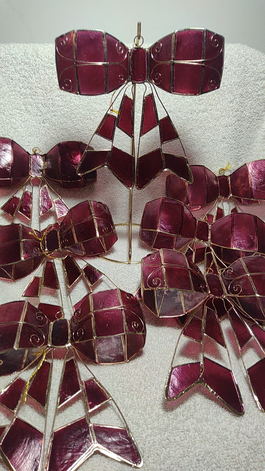 7 Vintage Capiz Shell Burgundy Bows 3D Hanging Christmas Ornaments 6x6x1.75