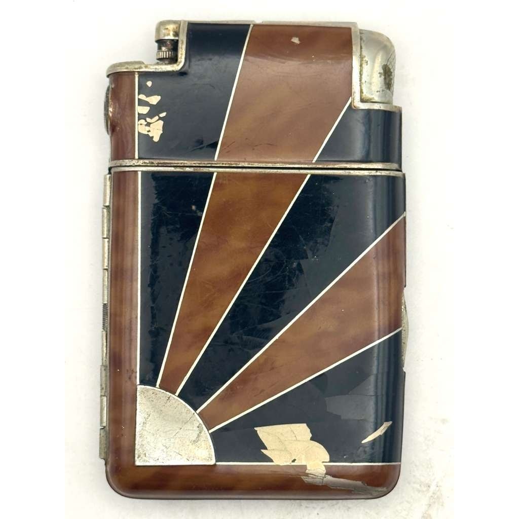 Vintage Marathon Windguard Cigarette Case Lighter Art Deco Sunburst Brown Black