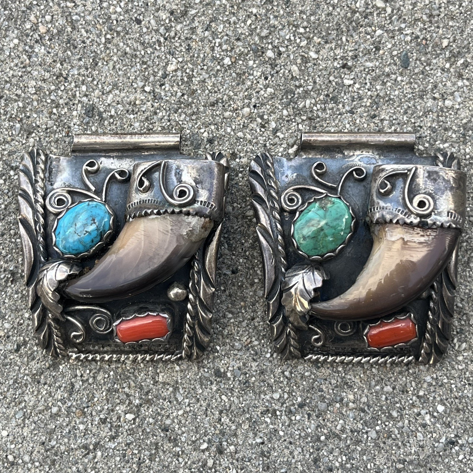LARGE VINTAGE Navajo NATIVE AMERICAN STERLING SILVER/TURQUOISE/CORAL WATCH TIPS