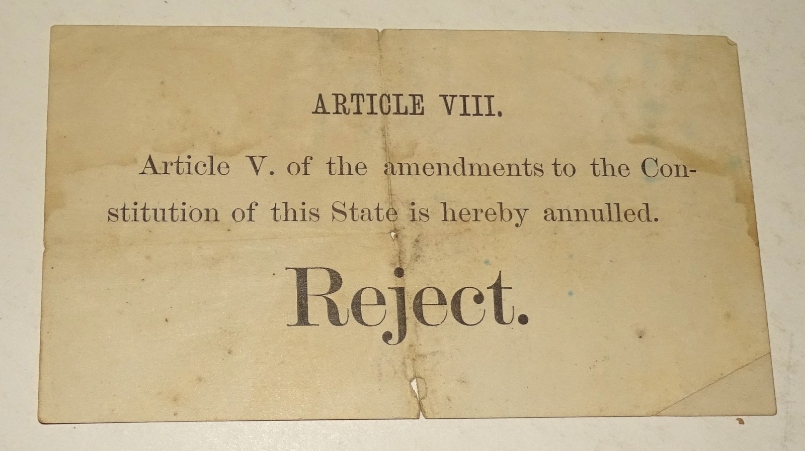 1889 Rhode Island Prohibition Ballot Article VIII Reject Amendment Slip Antique