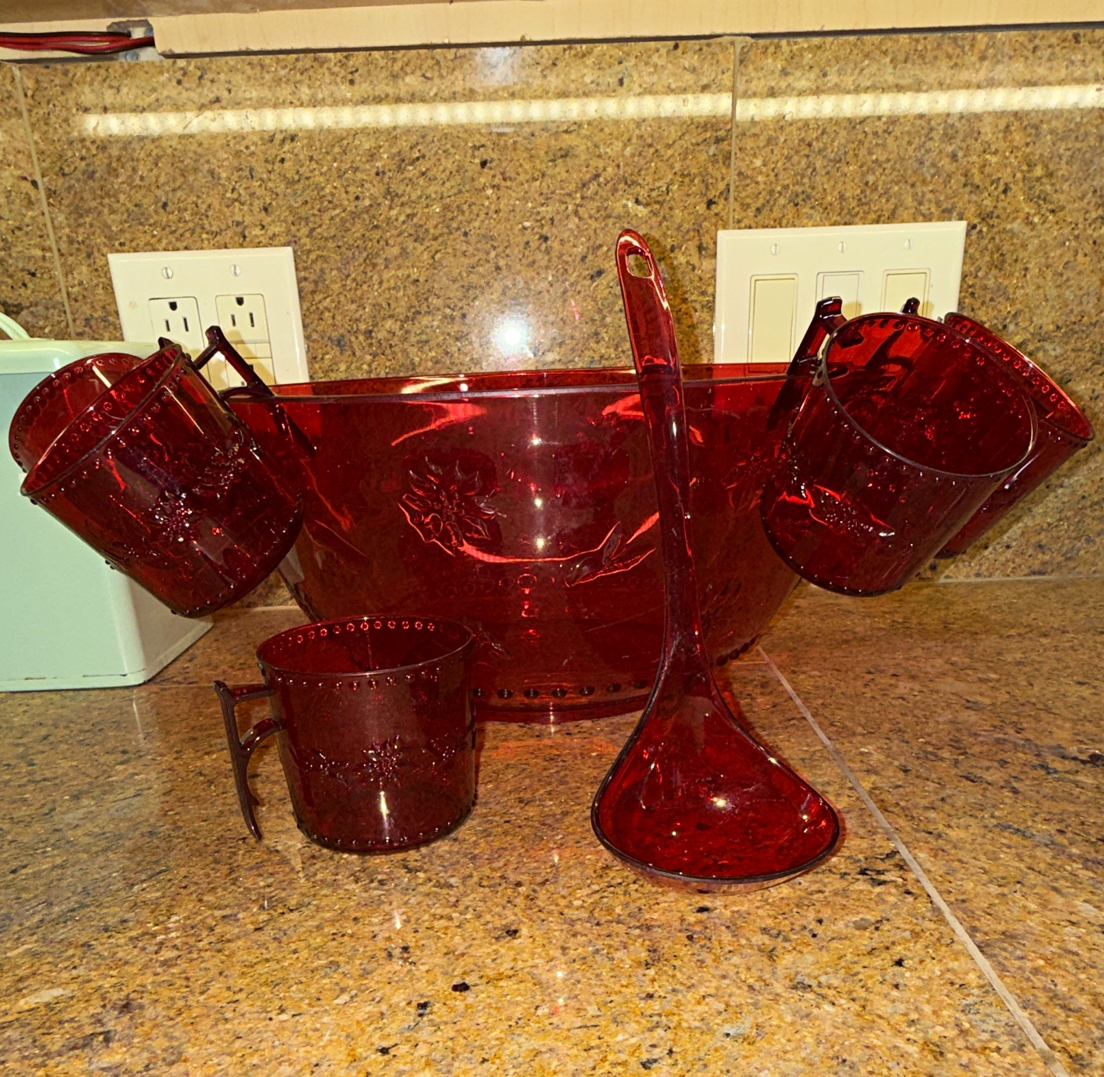 Vintage 70’s Plastic Punch Bowl w/ Ladle, Glossy Finish, Round 13in x 7in