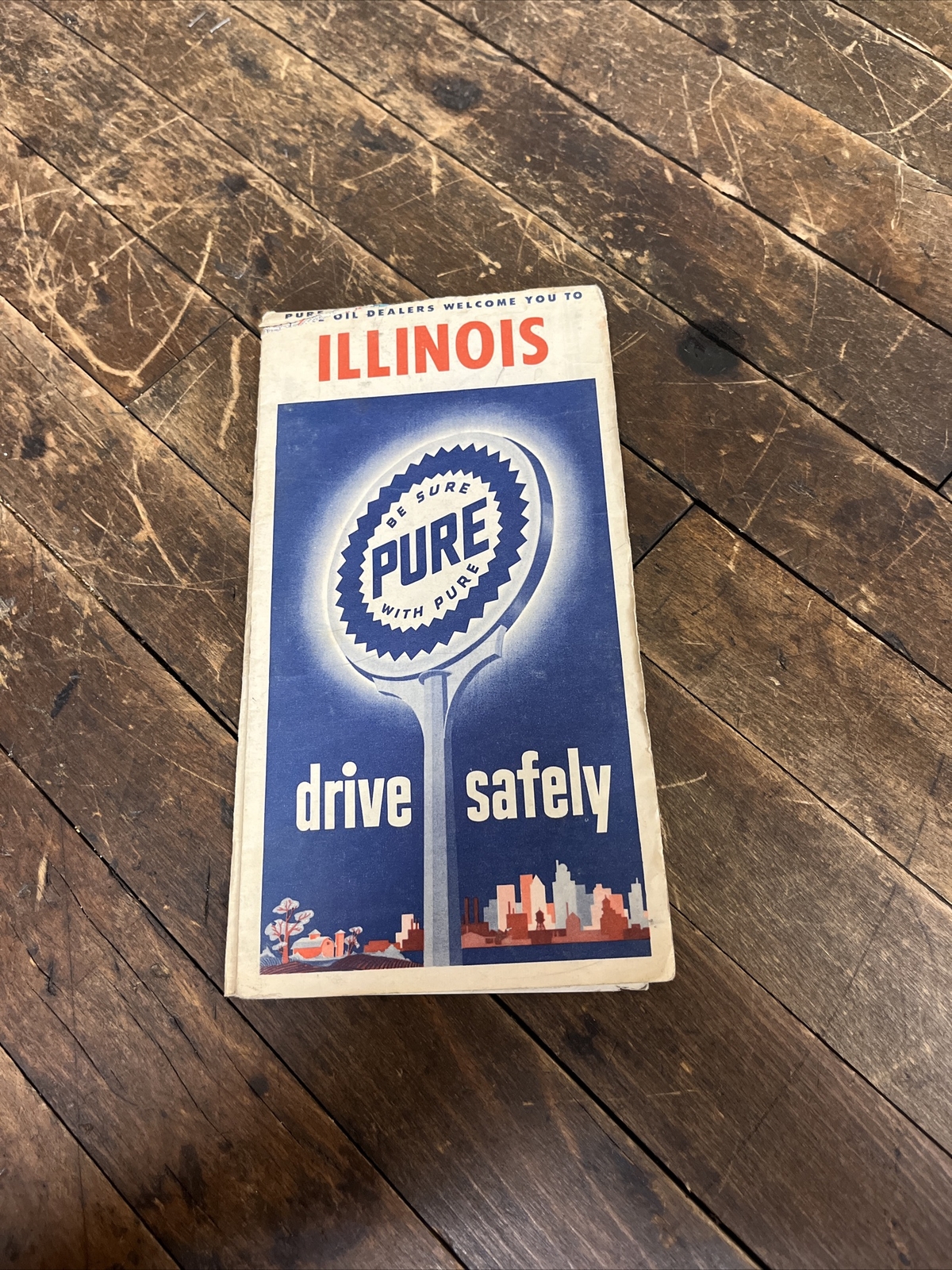 VINTAGE 1954 PURE GAS & OIL DEALERS ILLINOIS MAP SIGN GAS STATION ROAD MAP