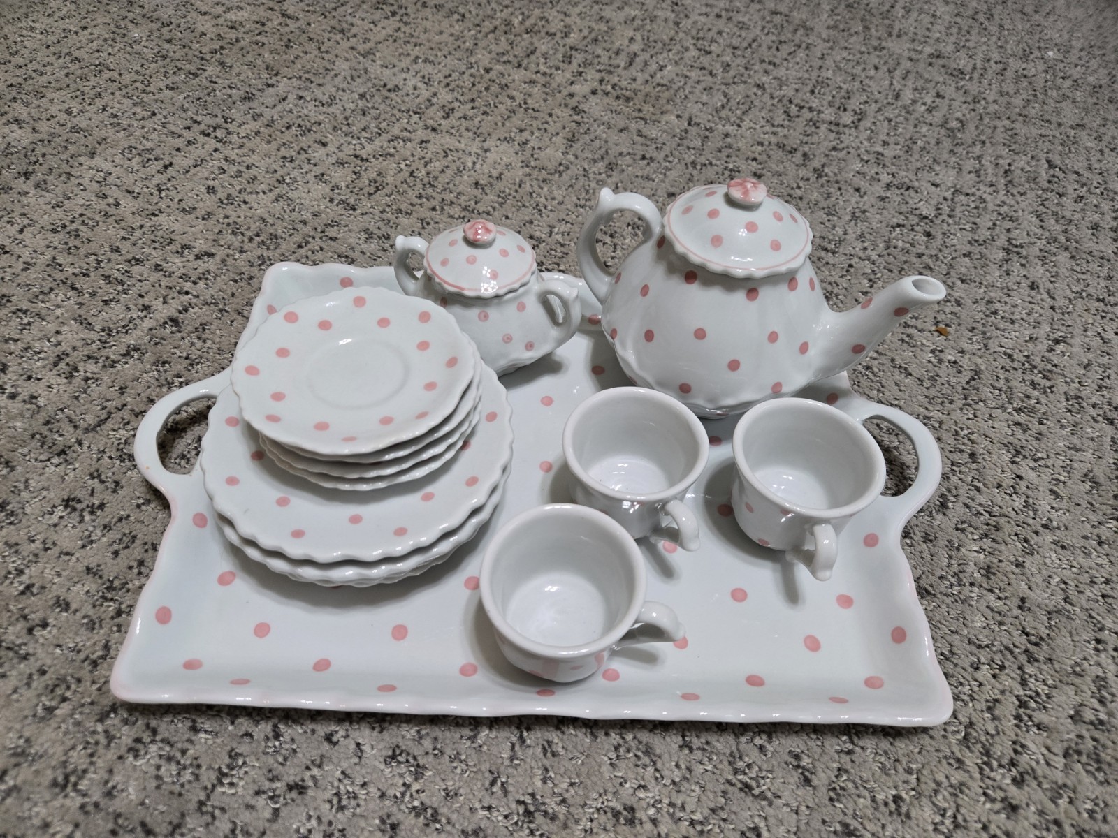 Gently used Andrea By Sadek Thailand Childrens Tea Set Pink Dots 14 Piece Set