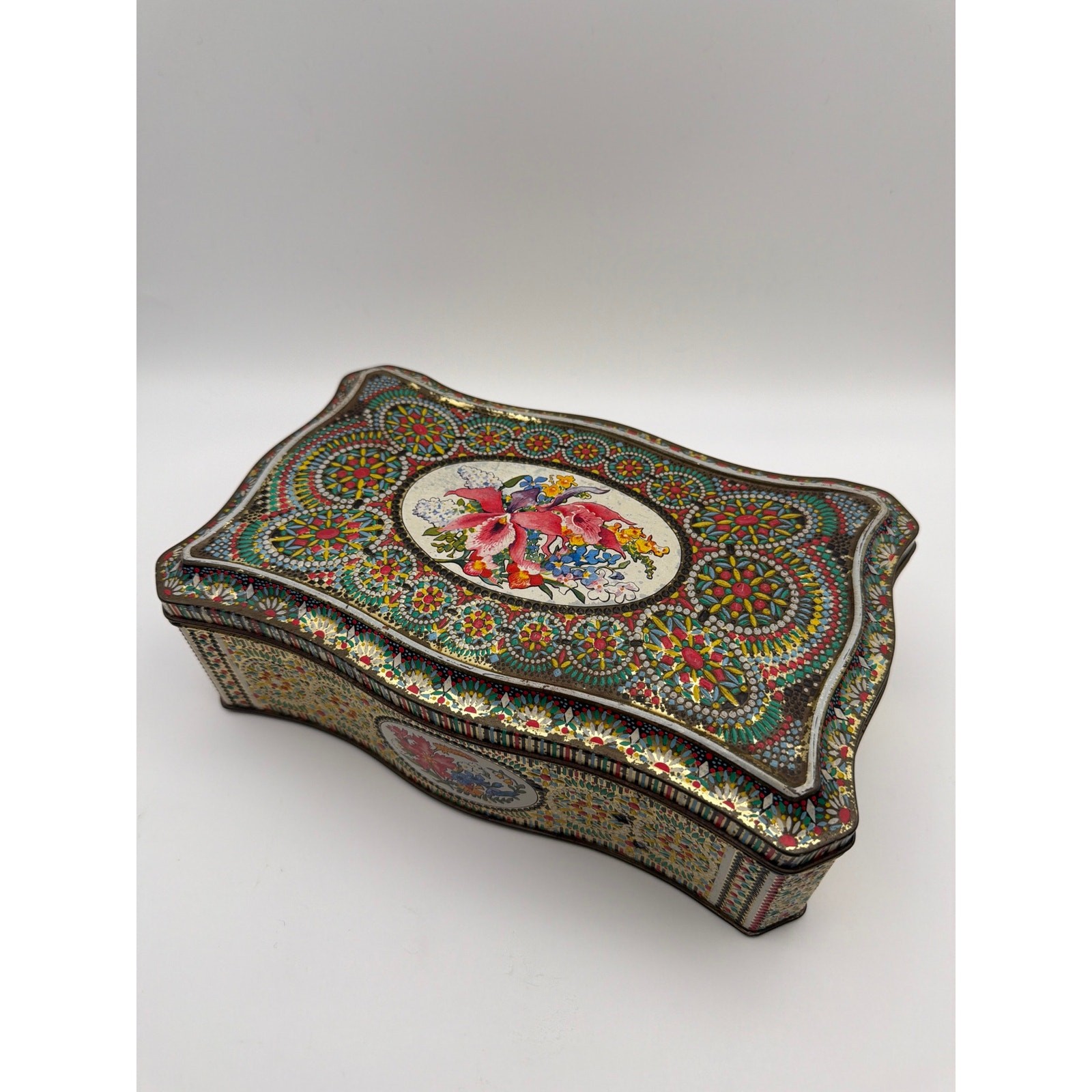 Vintage Dutch Embossed Mosaic Floral Biscuit Cookie Tin 10” x 6” Holland