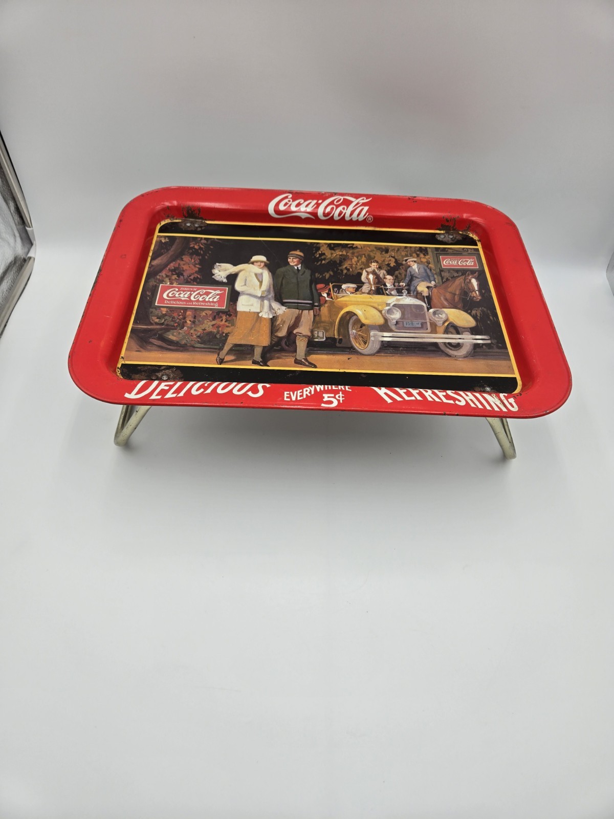 Vintage 1987 Coca Cola TV Lap Tray 1924 Touring Car Metal Coke (A3)