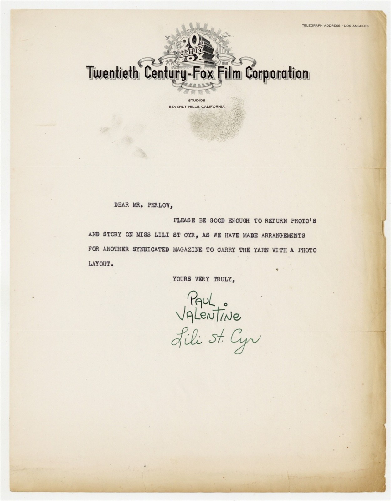 Lili St Cyr Signed w/ Husband Agent Paul Valentine 1946 Letter Rare Movie J16014
