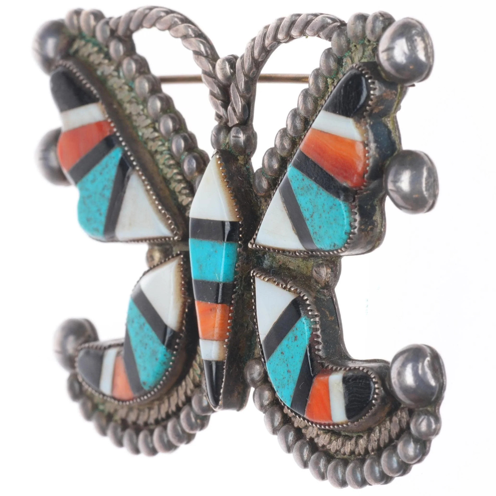 c1940\'s Vintage Zuni sterling silver turquoise/spiny oyster butterfly pin/brooch