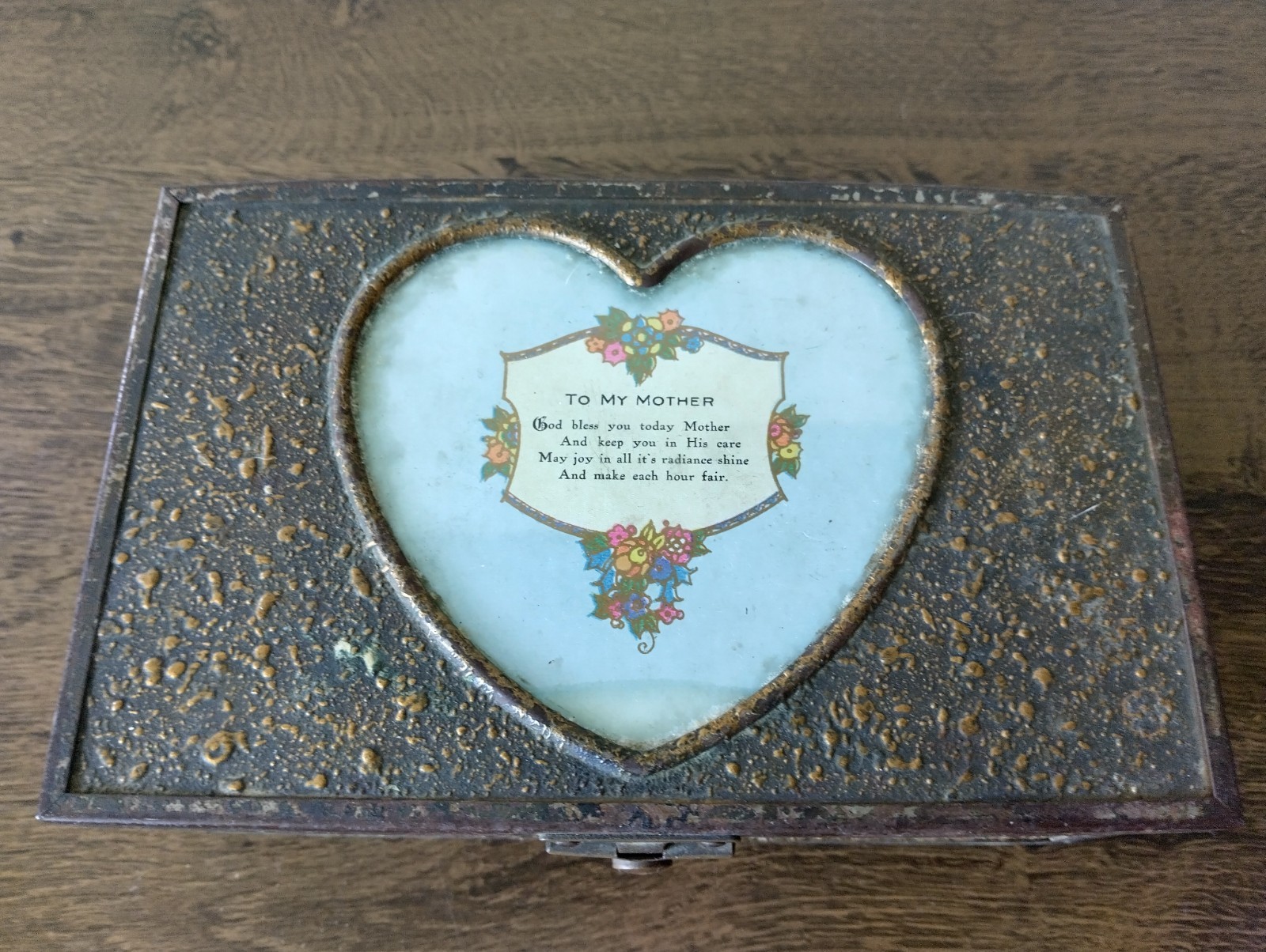 Antique Metal Over Wood Trinket Box Heart Mirror Poem to Mother Trinket Box