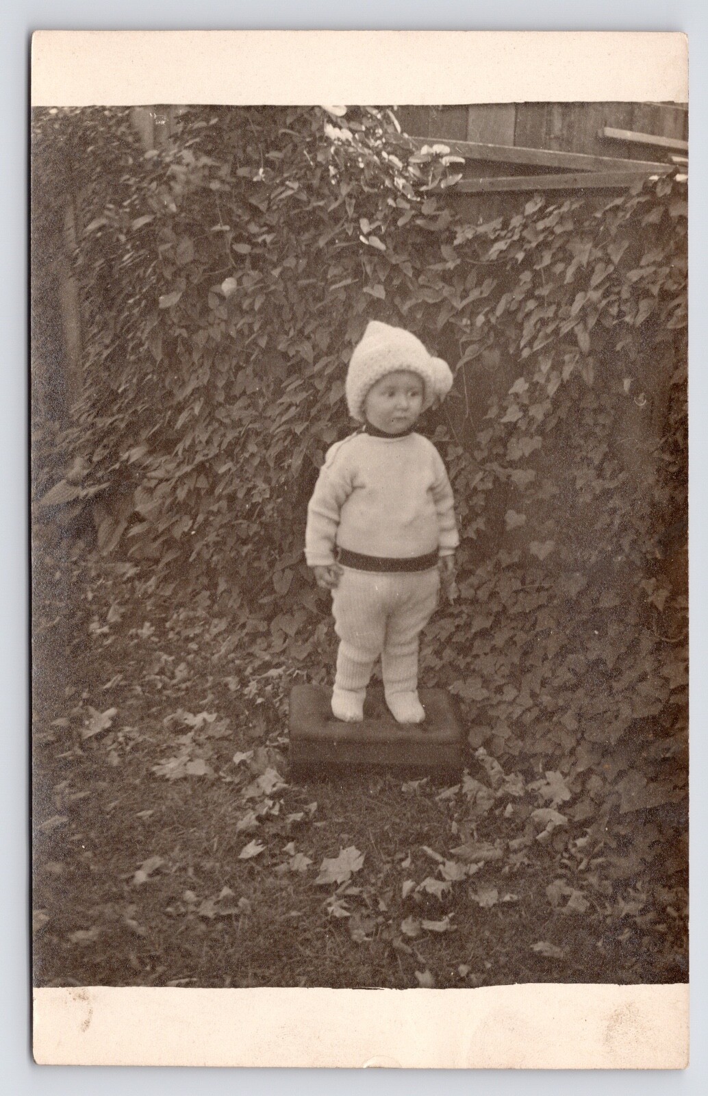 Cute Toddler in Yard Winter Ivy Fence Candid Photo RPPC Postcard 1911