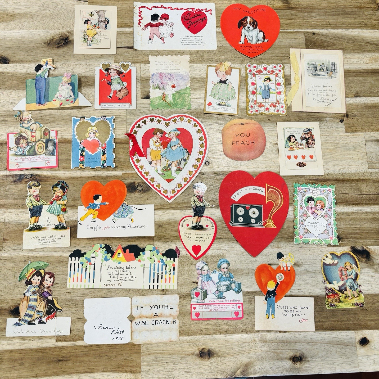 Antique Valentine Card Lot of 25 Die Cut Pop Up Mechanical 1920s Vintage Signed